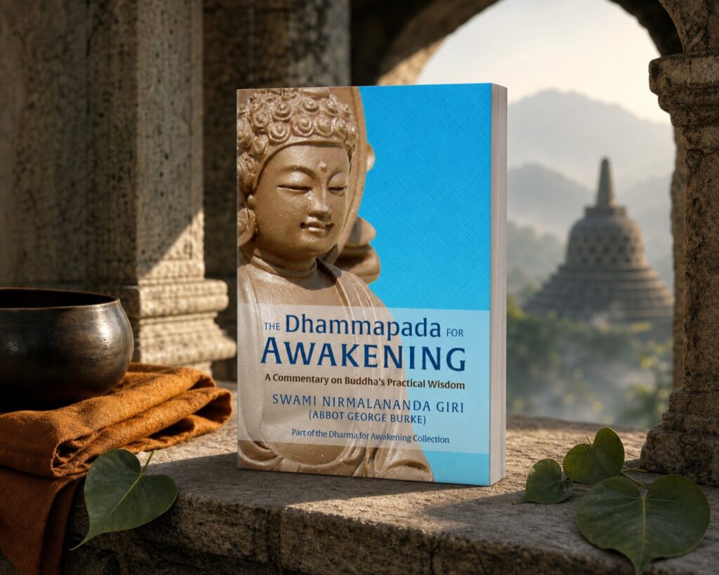 The trade paperback of The Dhammapada for Awakening in a Buddhist temple setting with Borobudur in the distance