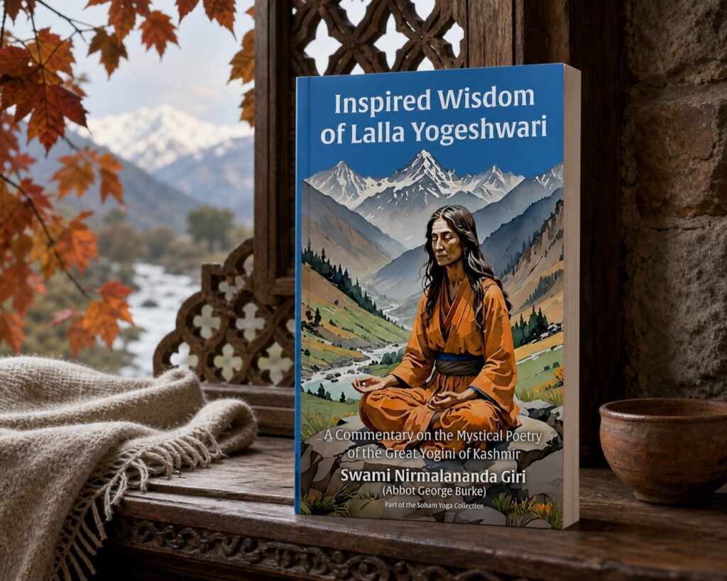 The Inspired Wisdom of Lalla Yogeshwari paperback in a Kashmiri mountain setting with autumn foliage and a river