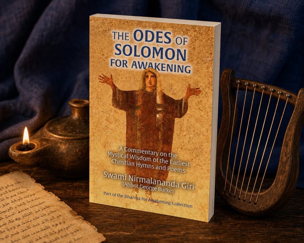 The Odes of Solomon for Awakening beside a lyre, lamp, manuscript, and blue fabric