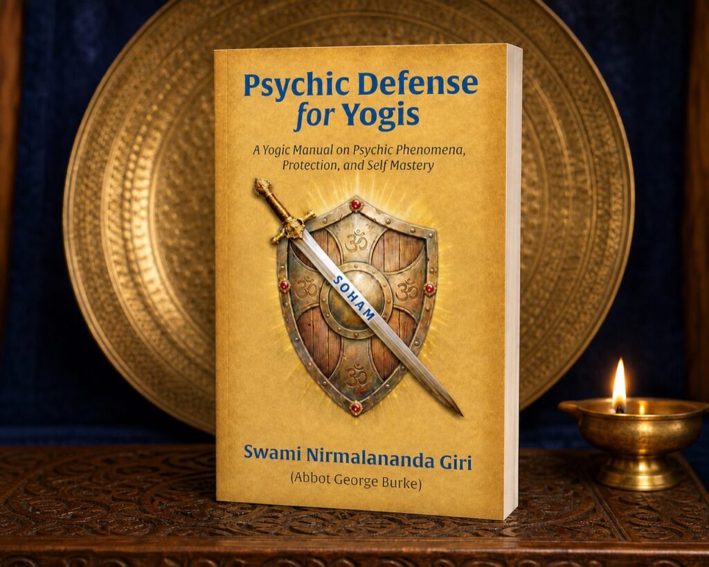 Psychic Defense for Yogis beside a golden shield-like object and lamp