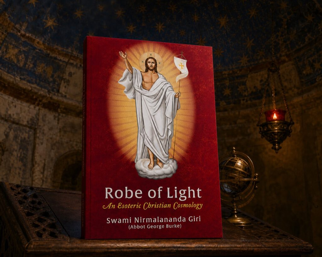 Robe of Light paperback in a dark contemplative Christian setting with a hanging lamp and armillary sphere