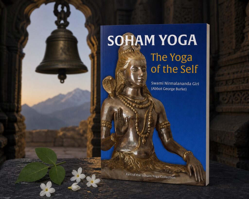 Soham Yoga paperback in a stone temple setting with a bell and Himalayan mountain view