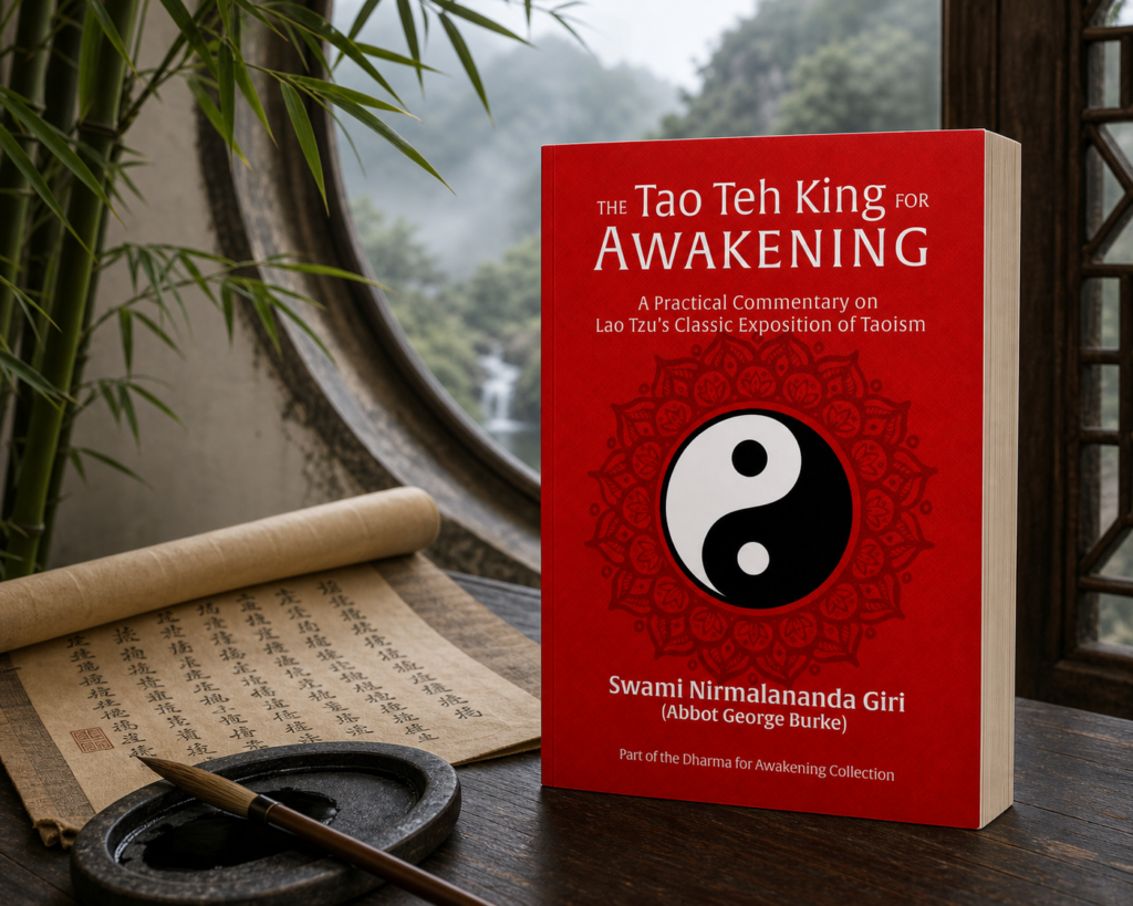 The Tao Teh King for Awakening beside a Chinese scroll, ink stone, brush, bamboo, and a circular window
