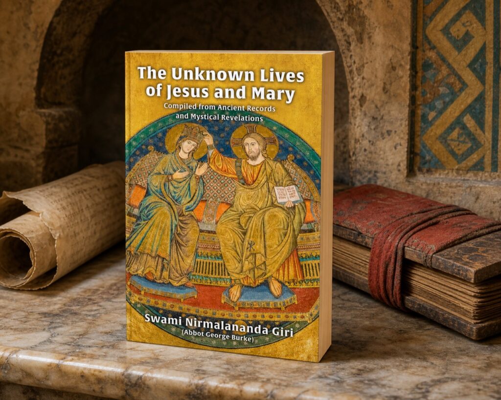 The Unknown Lives of Jesus and Mary paperback beside ancient manuscripts in an early Christian stone setting