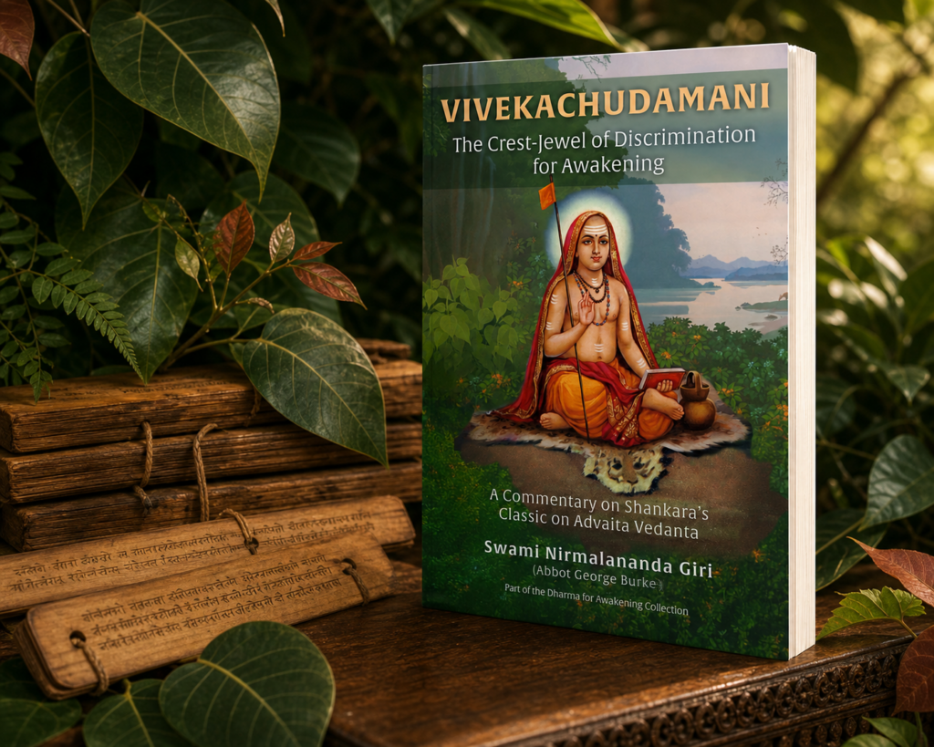 Vivekachudamani by Swami Nirmalananda Giri standing among foliage and palm-leaf manuscripts