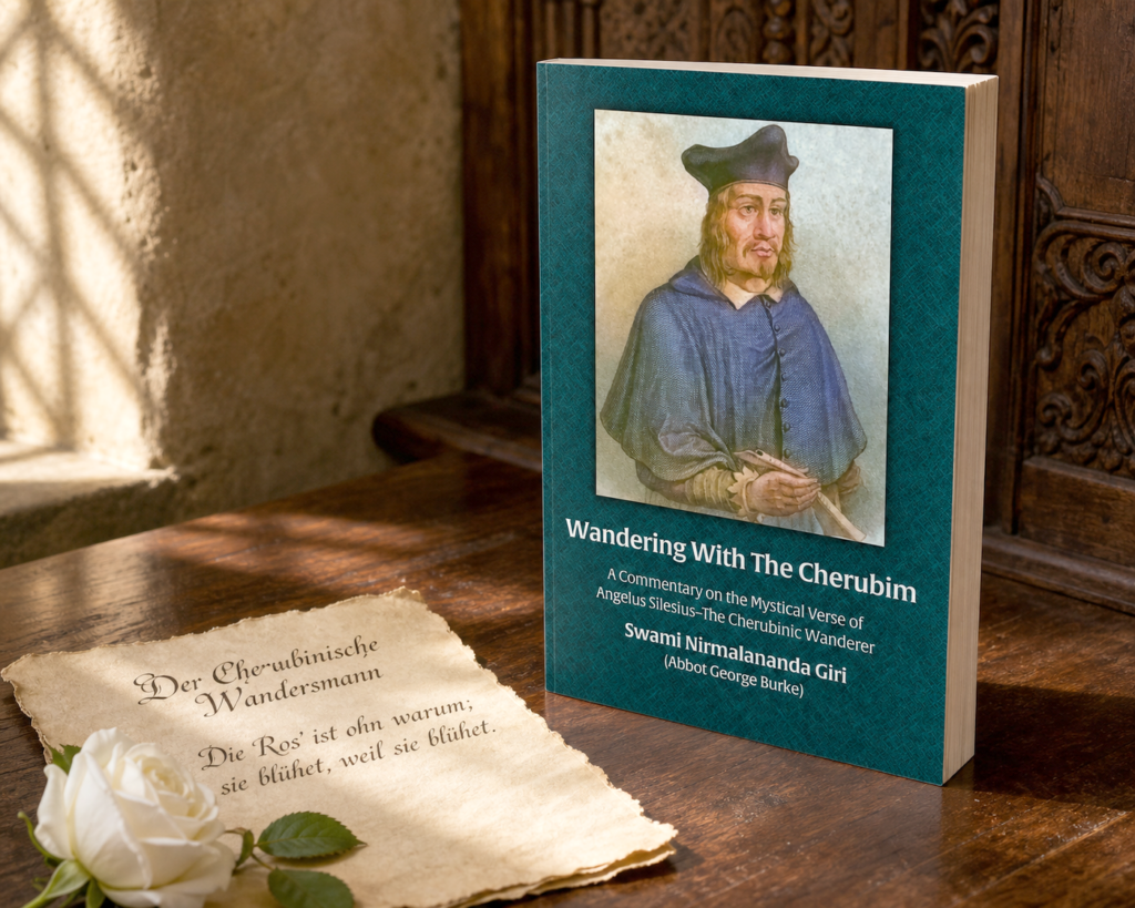 Wandering With the Cherubim paperback beside a manuscript page and white rose