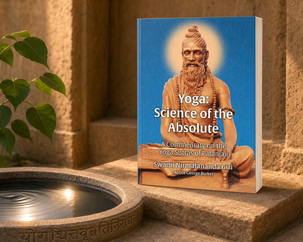 Yoga: Science of the Absolute displayed in a contemplative stone setting beside a reflecting pool